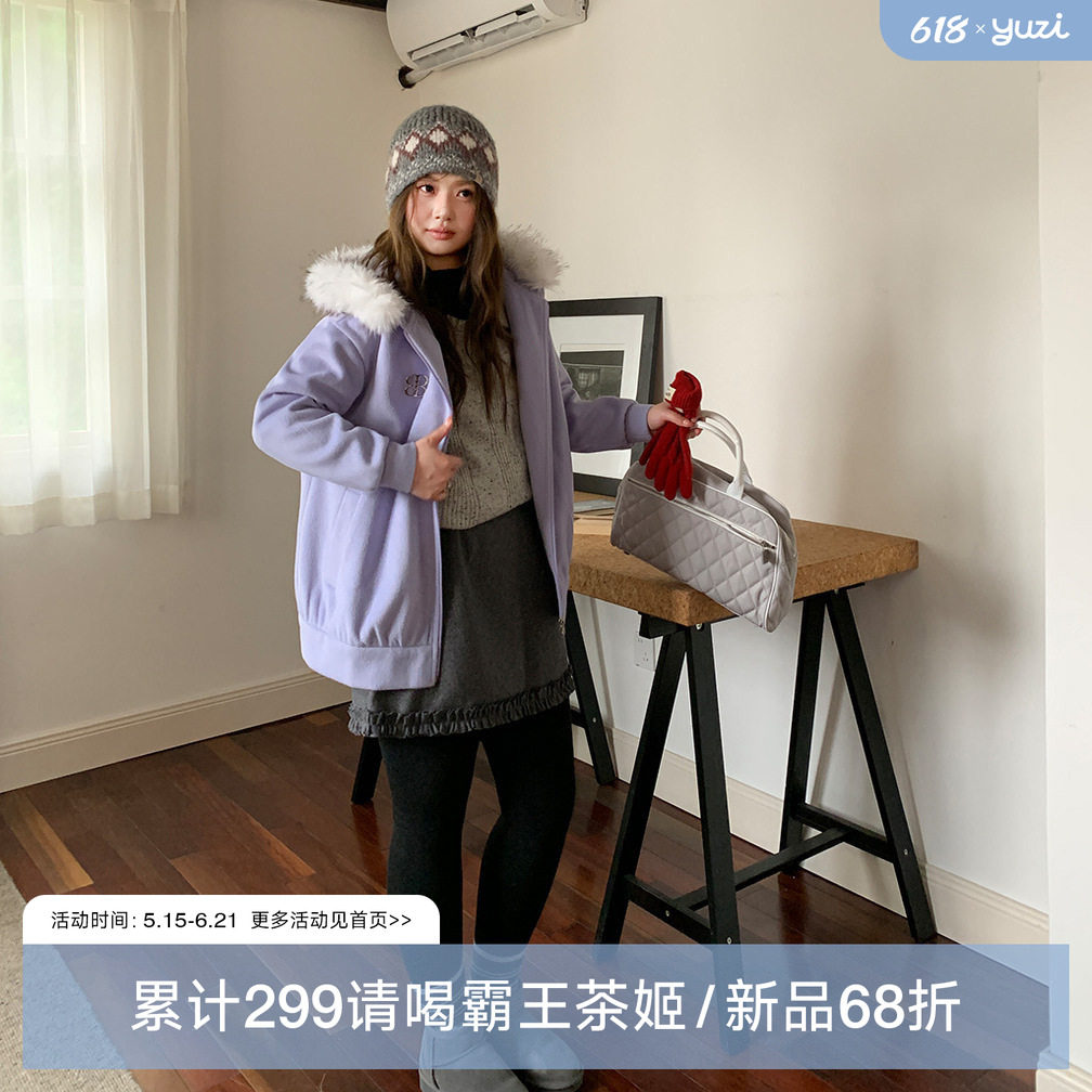 YUZI鱼子毛领连帽卫衣外套特大码女装胖mm春季宽松显瘦拉链加厚