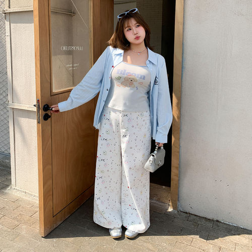 YUZI鱼子米白满印牛仔阔腿裤大码