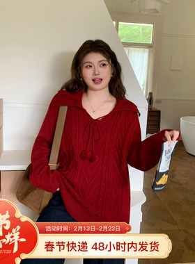 YUZI鱼子娃娃领红色毛衣特大码女装宽松软糯减龄显白显瘦春季胖mm