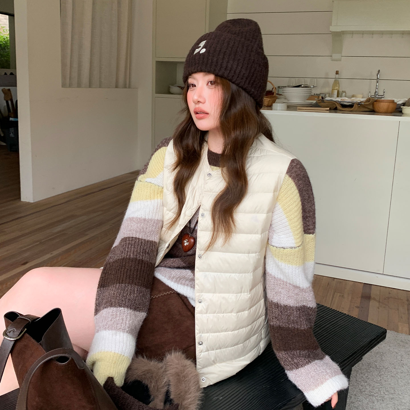 YUZI简约大码女长袖条纹拼接内搭