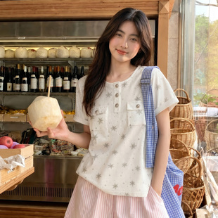 YUZI鱼子清新素雅雪花印花短袖T恤浅灰显瘦百搭减龄上衣大码女装