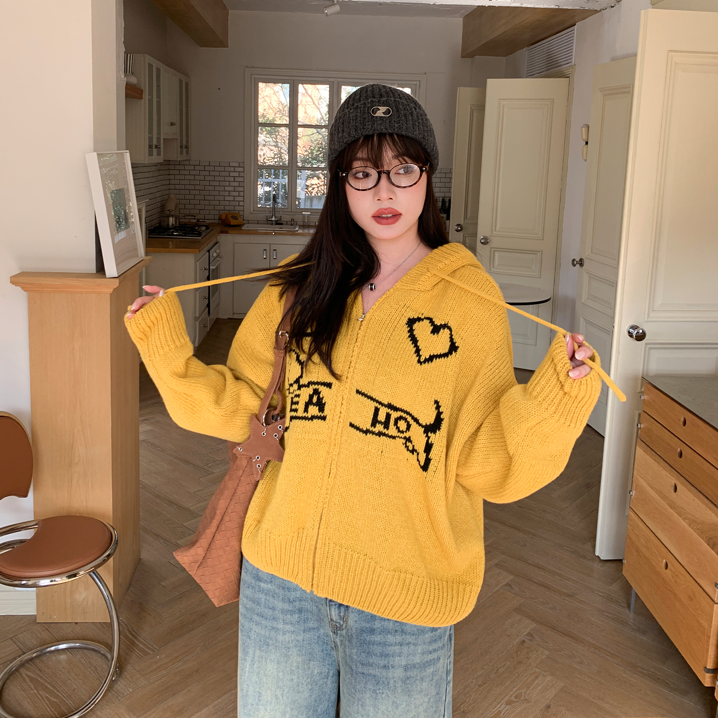 YUZI鱼子美式复古针织开衫大码