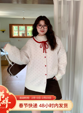 YUZI鱼子红波点复古针织开衫特大码女装胖mm少女宽松软糯圆领毛衣