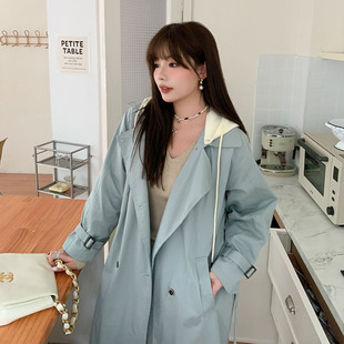YUZI鱼子中长款 女装 宽松韩版 大衣外套胖mm 风衣可拆卸帽外套特大码