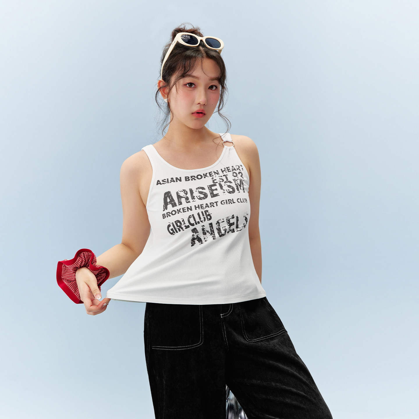 YUZI鱼子美式复古背心宽吊带字母印花微修身甜酷显瘦微胖大码女装