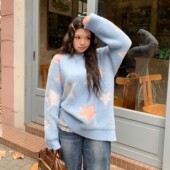 YUZI鱼子少女仿水貂绒蓝色毛衣女五角星慵懒软糯针织上衣大码 女装