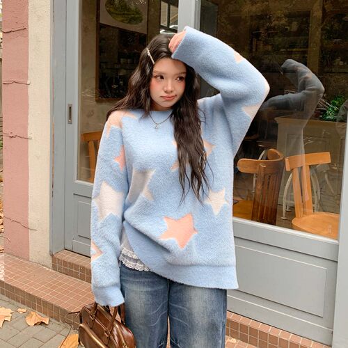UZI鱼子少女仿水貂绒蓝色毛衣女