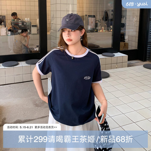 YUZI鱼子复古运动短袖T恤大码女