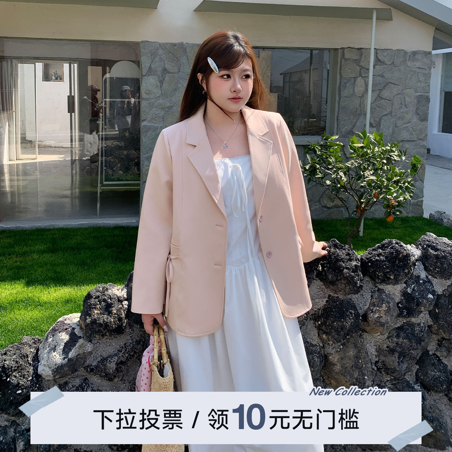 YUZI休闲西装外套樱花粉蝴蝶结百搭气质春季长袖上衣微胖大码女装