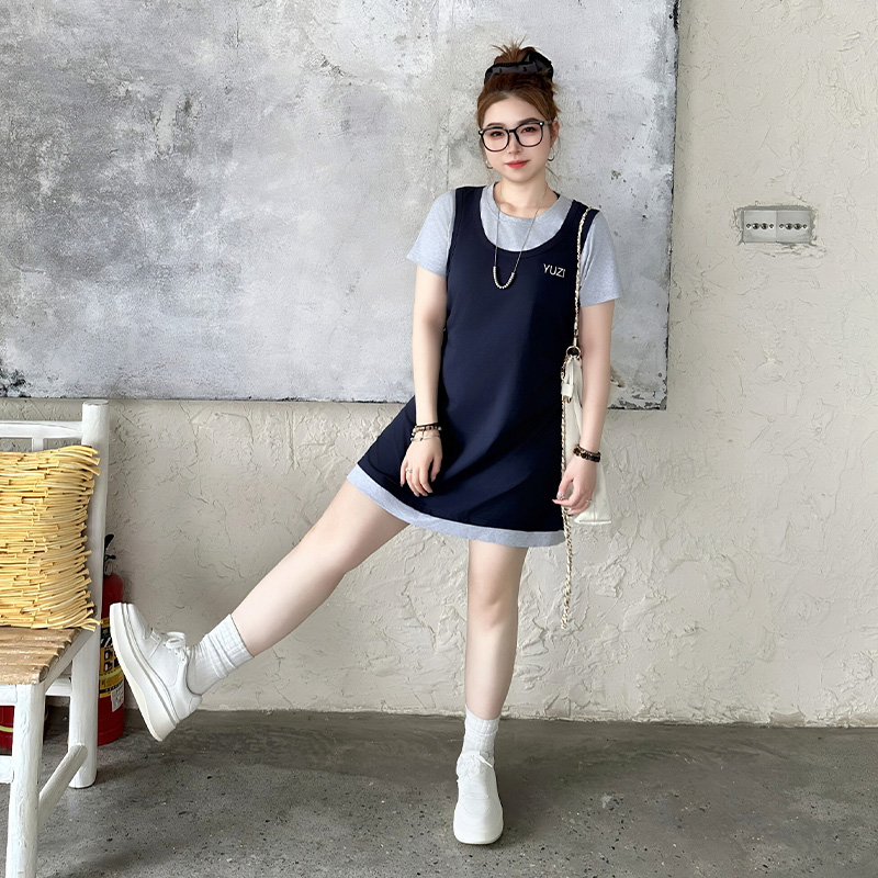 YUZI鱼子假两件收腰连衣裙大码女装夏微胖mm遮腹显瘦遮肉200斤
