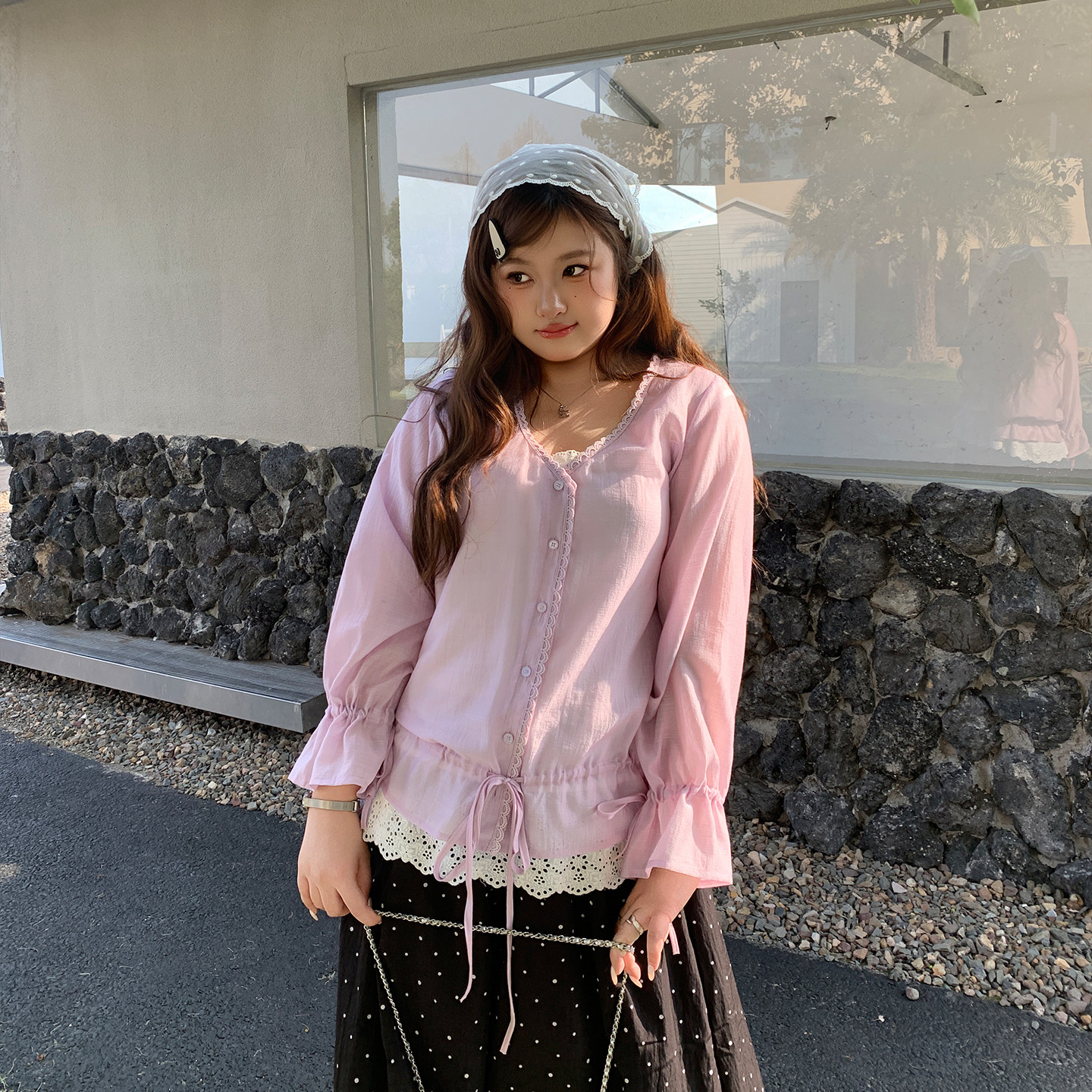 YUZI鱼子甜美雪纺小衫套装浅紫色V领上衣蕾丝吊带两件套大码女装