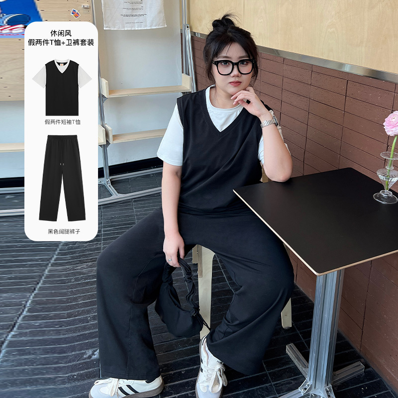 YUZI鱼子假两件显瘦王炸套装大码女装夏季微胖mm遮肉200斤T恤长裤