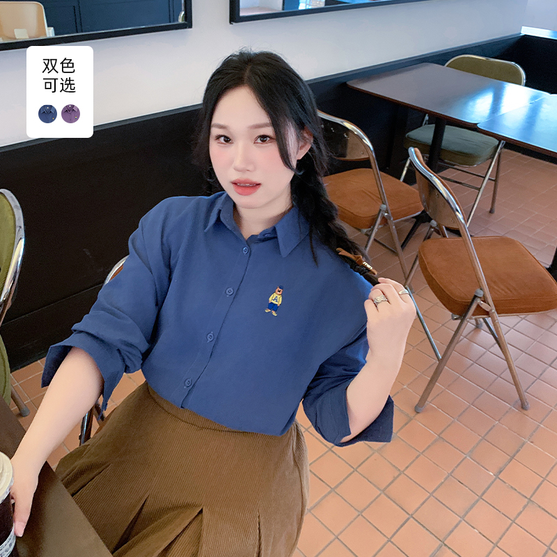 YUZI鱼子小熊刺绣衬衫大码女装秋季微胖显瘦遮肉上衣韩系时尚外套