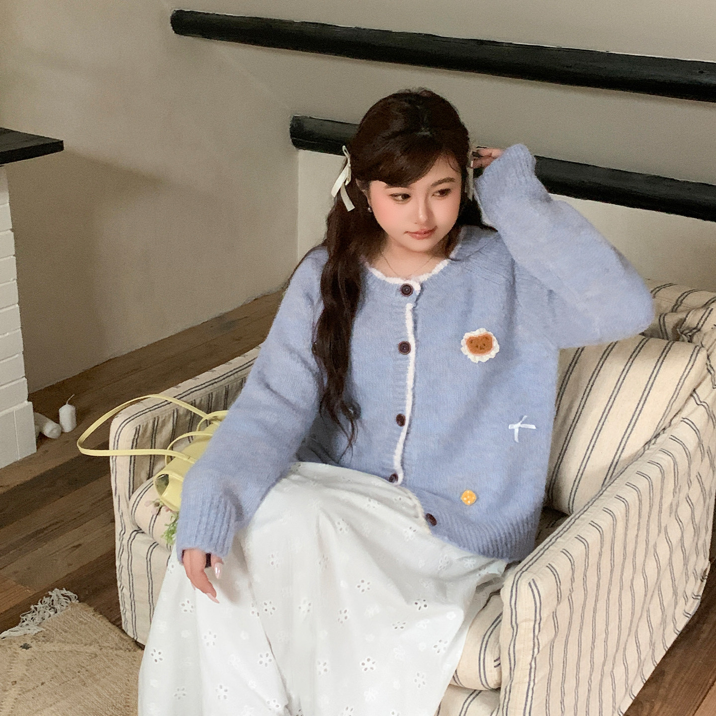 YUZI鱼子立体钩花针织开衫上衣慵懒古着感甜美减龄微胖大码女装