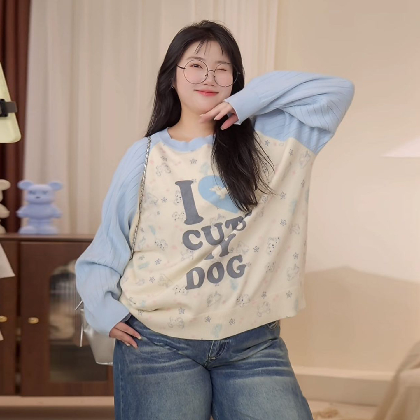 YUZI鱼子拼接撞色毛衣插肩袖印花美式甜酷减龄显瘦微胖大码女装