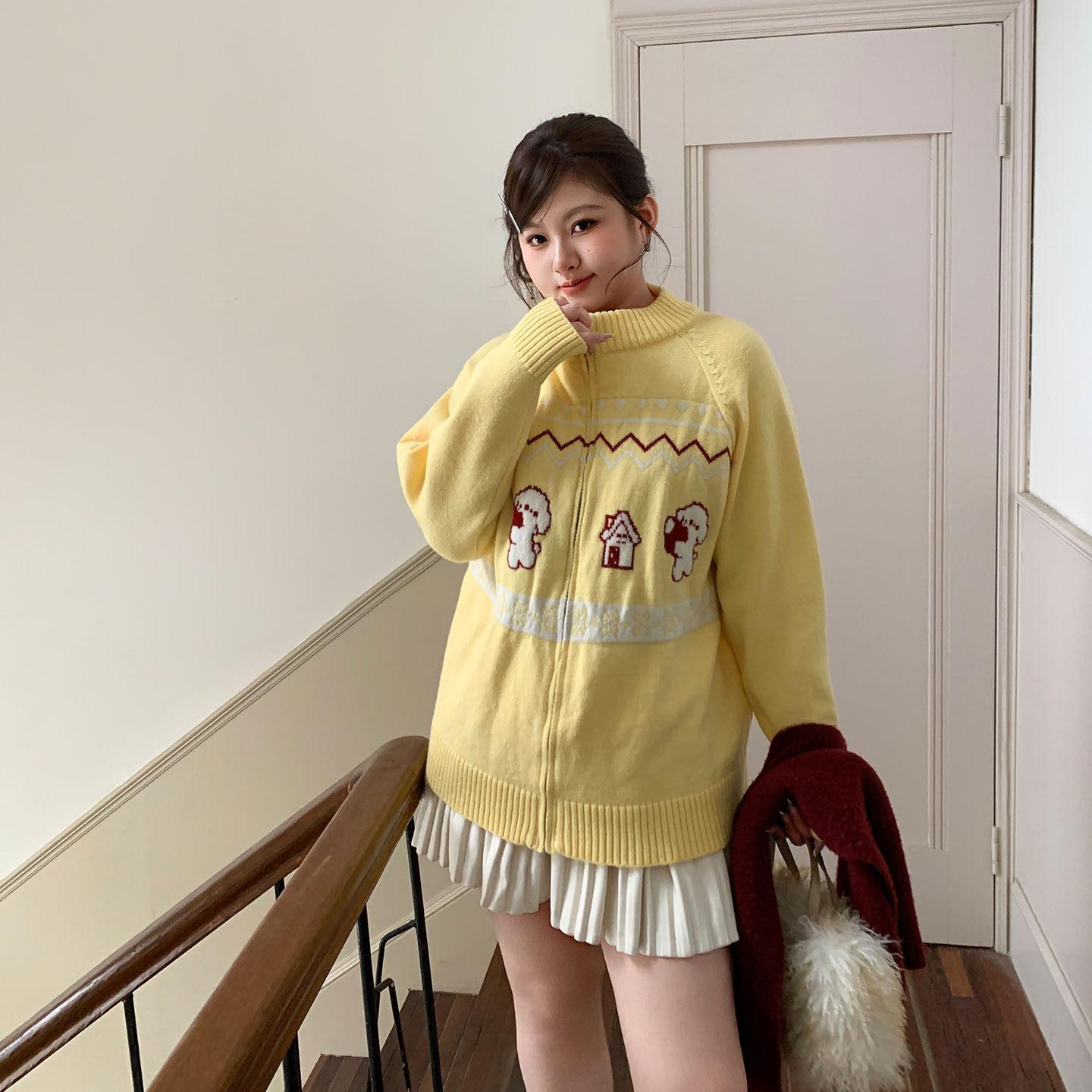 YUZI鱼子小狗提花拉链开衫上衣鹅黄色半高领减龄针织外套大码女装,女装/女士精品,常规大码外套,淘宝优惠券,粉丝福利购,淘宝优惠卷