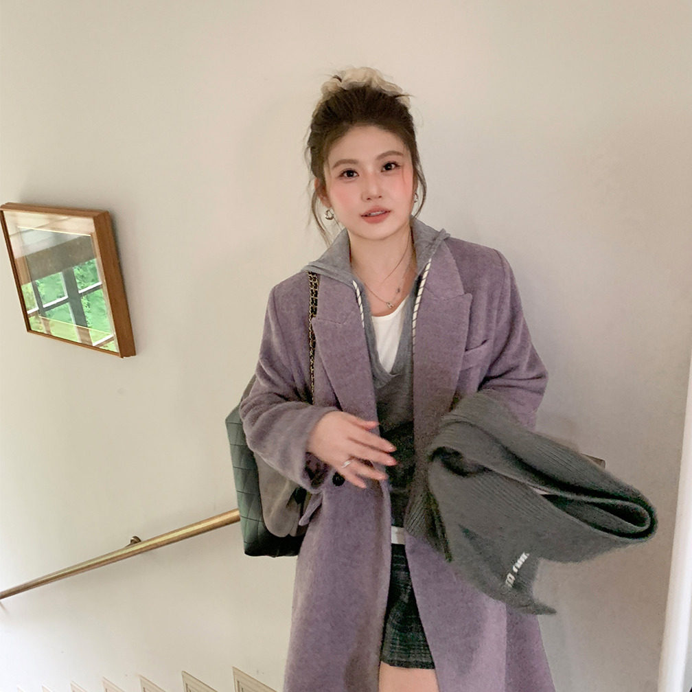 YUZI鱼子长款廓形毛呢大衣特大码女装淡紫色温柔加厚外套秋冬胖mm,女装/女士精品,常规大码外套,淘宝优惠券,粉丝福利购,淘宝优惠卷