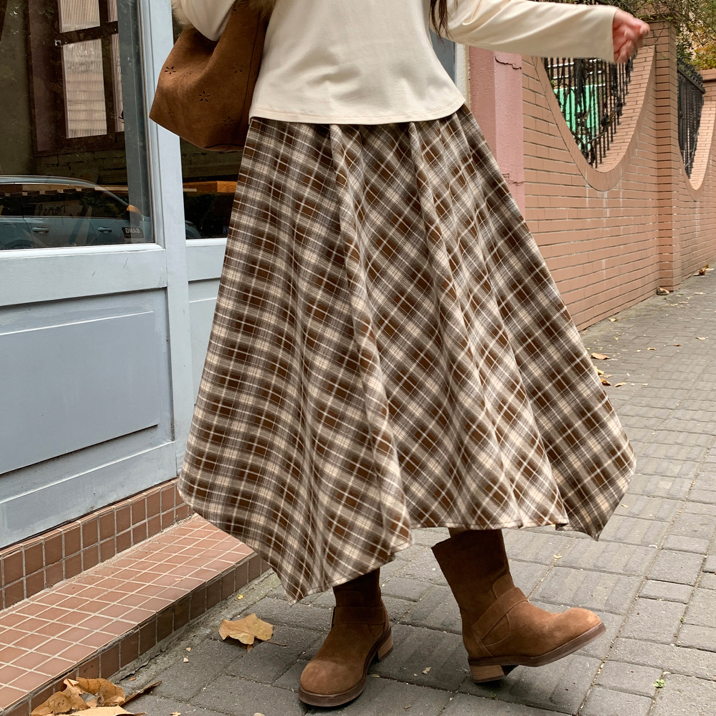 YUZI鱼子咖色格纹半身裙长款英伦复古不规则百搭遮肉显瘦大码女装,女装/女士精品,大码半身裙,淘宝优惠券,粉丝福利购,淘宝优惠卷