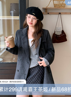 YUZI 鱼子毛呢外套中长款韩系灰色显瘦气质高级感大衣大码女装