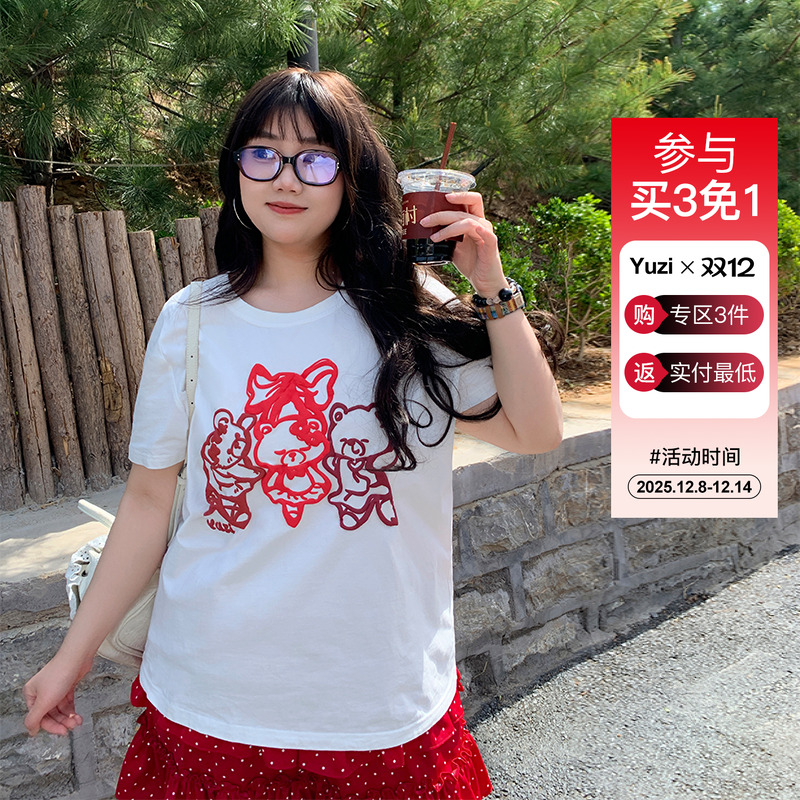 YUZI鱼子韩系圆领小熊短袖俏皮