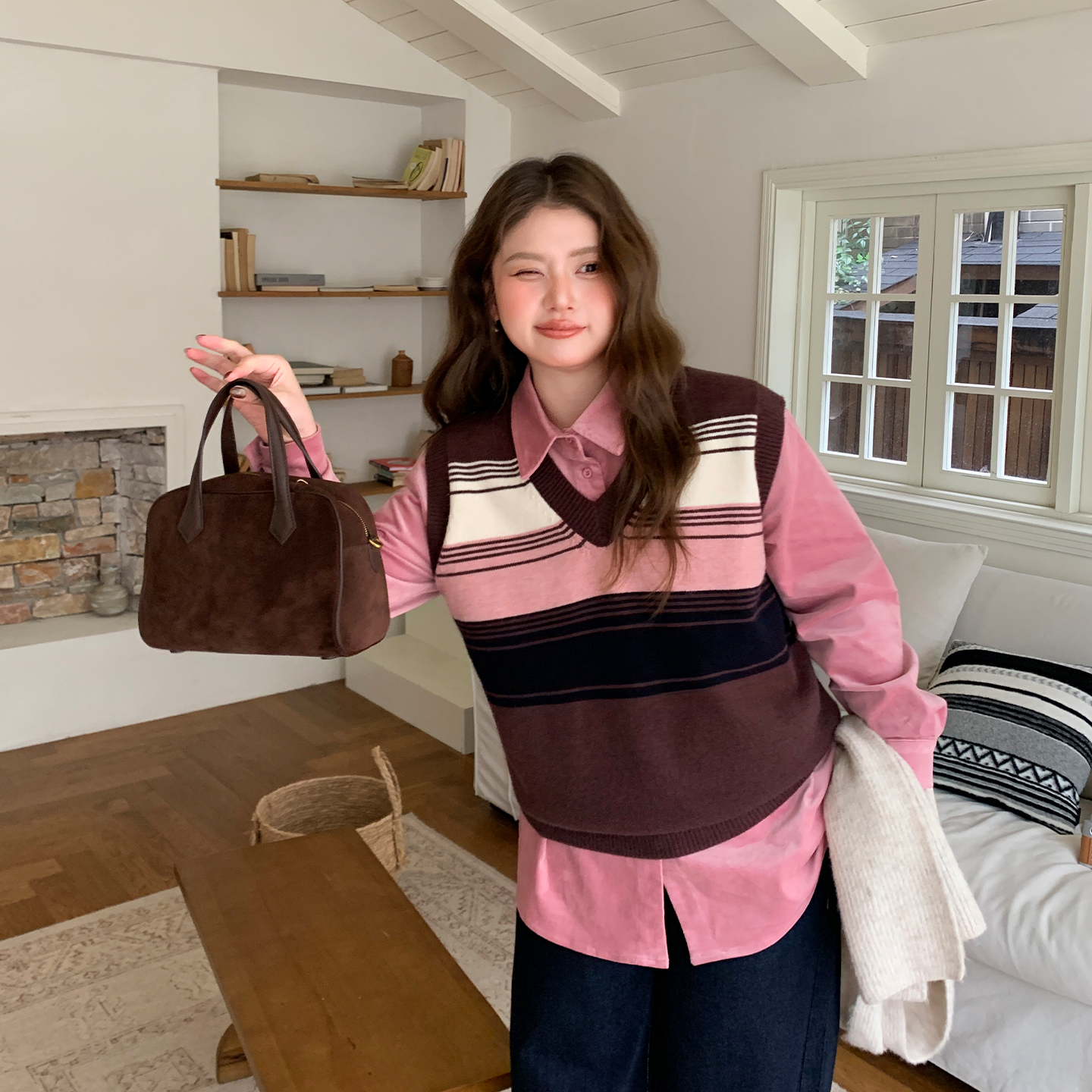 YUZI条纹针织背心马甲复古学院风