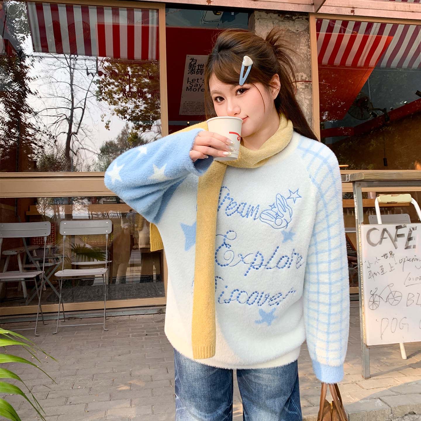 YUZI鱼子云朵暖绒撞色卫衣插肩袖字母毛衣女软糯氛围感大码女装,女装/女士精品,大码内搭,淘宝优惠券,粉丝福利购,淘宝优惠卷