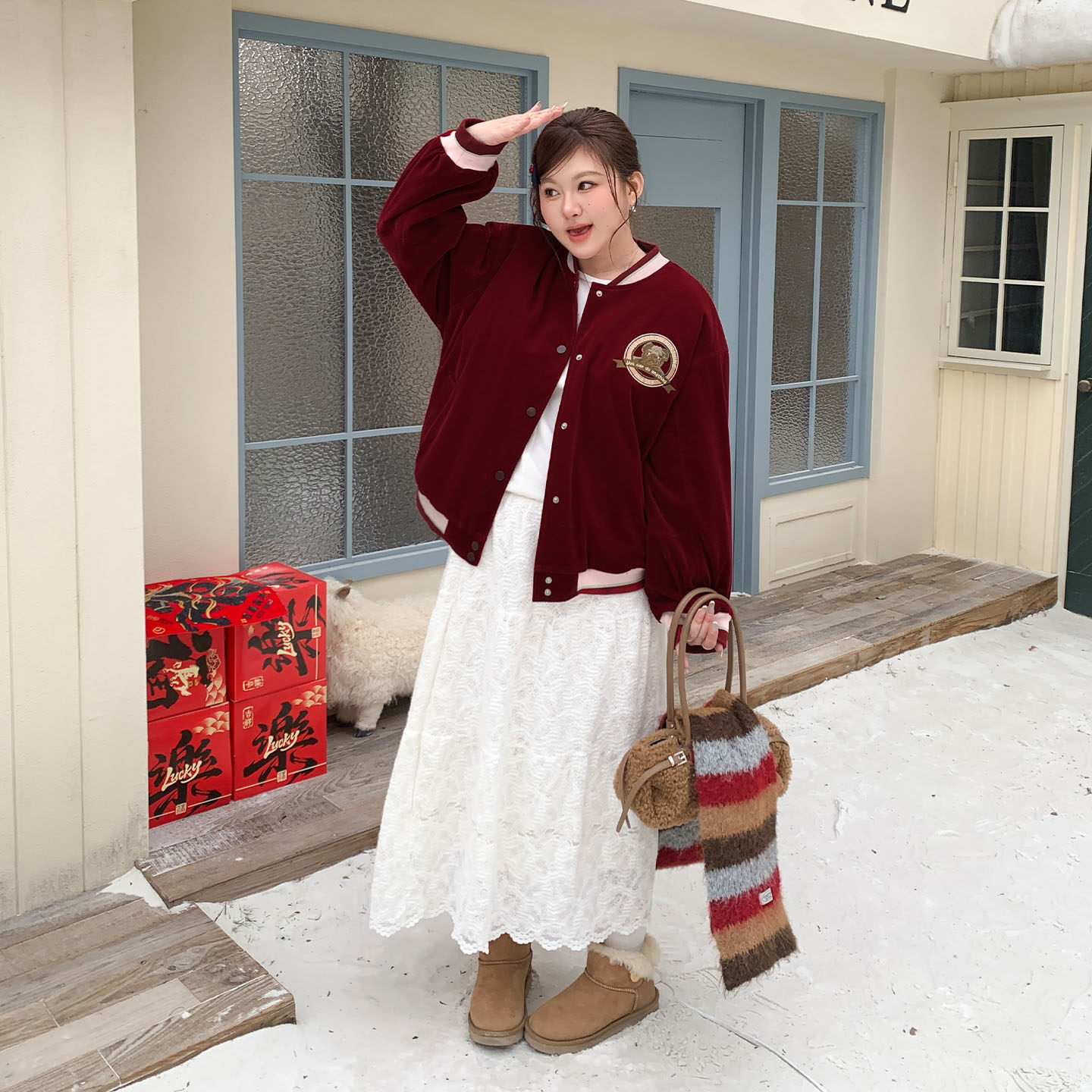 YUZI鱼子红色丝绒刺绣棒球棉服新年甜酷学院风潮流宽松大码女装