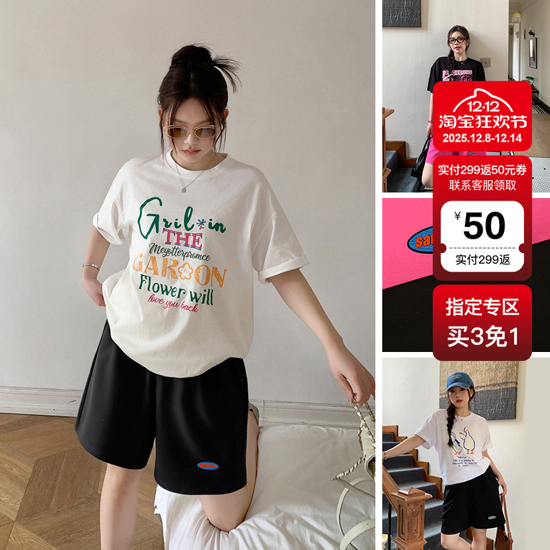 YUZI鱼子日系休闲短裤大码女装微胖mm松紧显瘦遮肉200斤经典双色