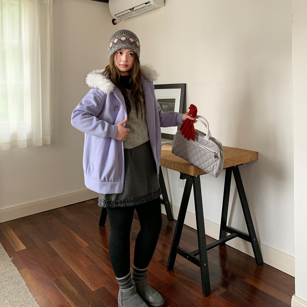 YUZI毛绒连帽毛领卫衣外套大码女