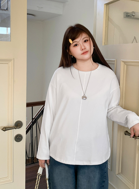 YUZI鱼子白色双面抓毛长袖T恤宽松百搭显瘦上衣极简风大码女装
