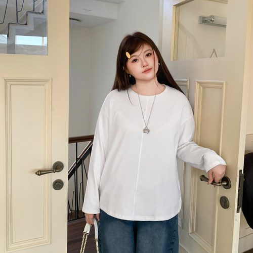 YUZI鱼子白色双面抓毛长袖T恤