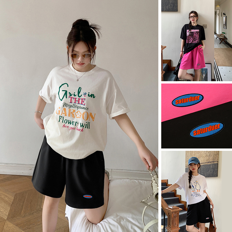 YUZI鱼子日系休闲短裤大码女装微胖mm松紧显瘦遮肉200斤经典双色
