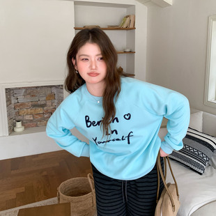 女装 YUZI加厚圆领卫衣湖蓝色落肩袖 显白减龄宽松复古百搭秋冬大码