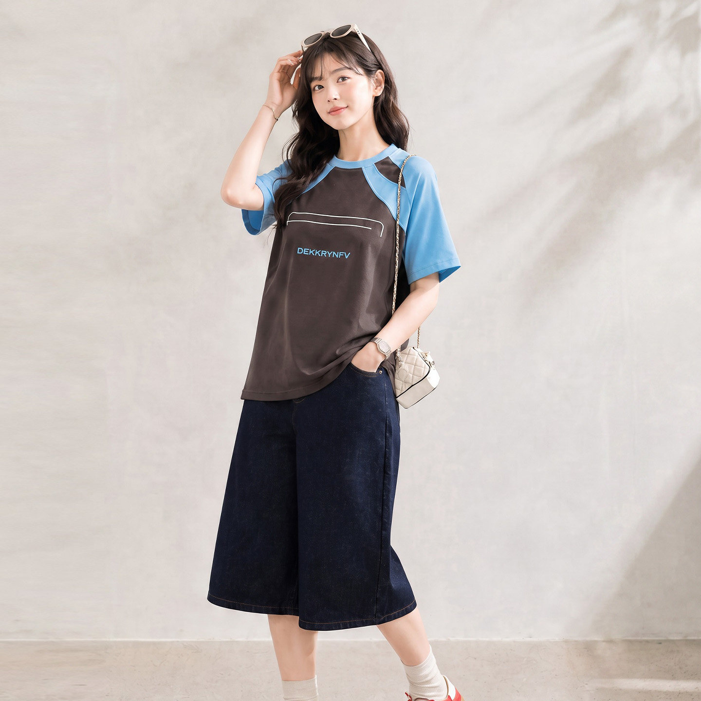 YUZI鱼子撞色拼接短袖T恤字母印花美式复古甜酷显瘦微胖大码女装