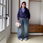 女装 YUZI鱼子弯刀阔腿牛仔裤 特大码 复古做旧高腰水洗显瘦显高胖mm