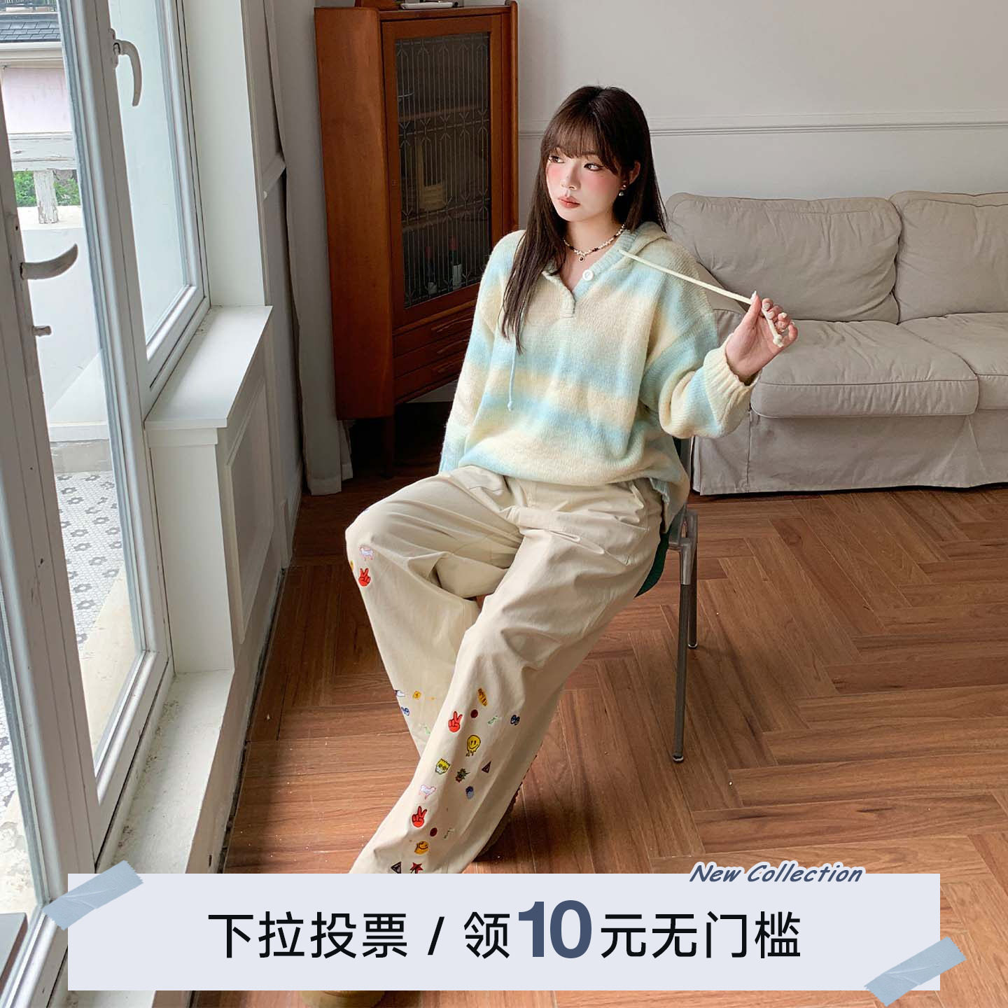 YUZI鱼子运动休闲裤美式复古贴纸印花春季特大码女装宽松直筒胖mm