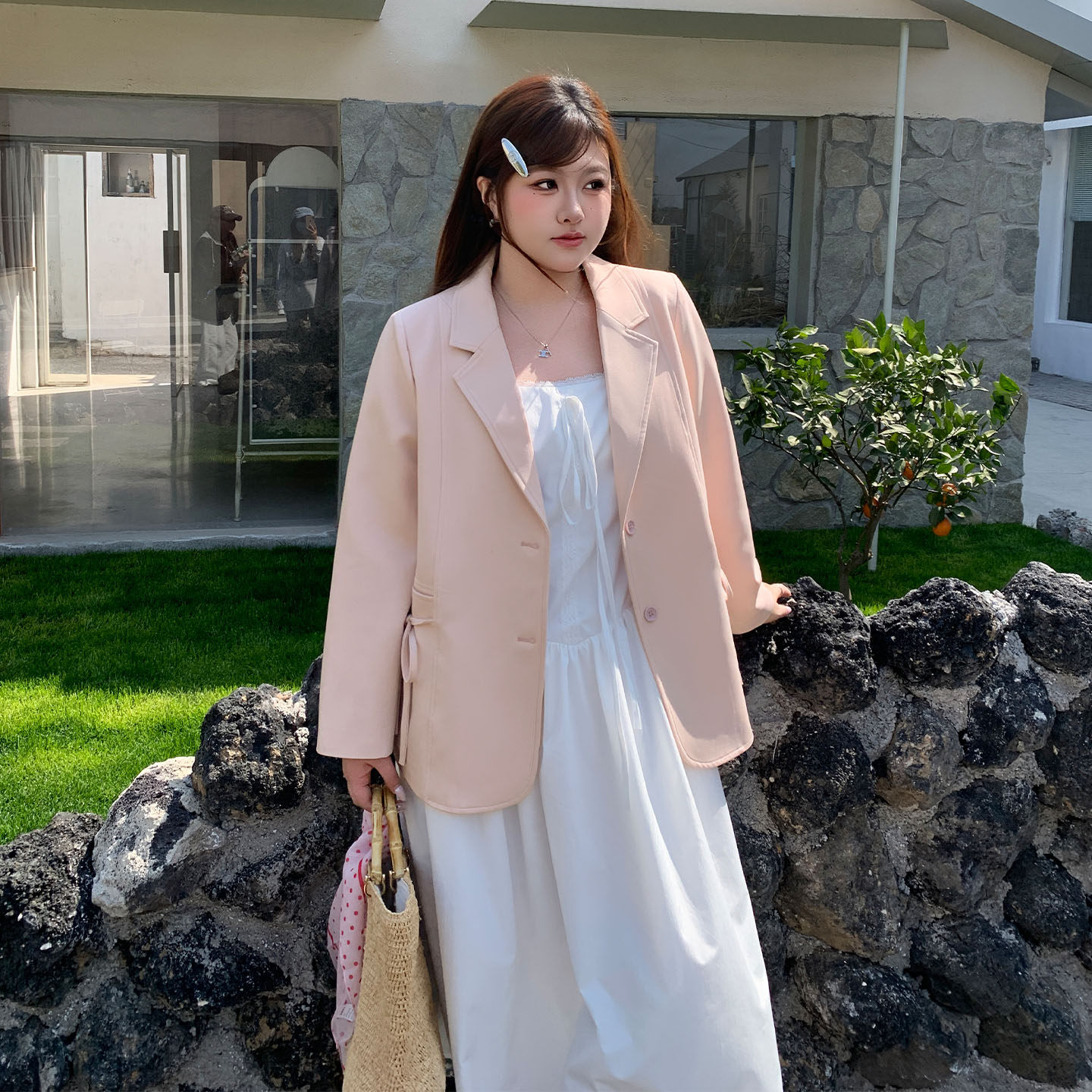 YUZI休闲西装外套樱花粉蝴蝶结百搭气质春季长袖上衣微胖大码女装