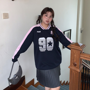 女装 YUZI鱼子韩系球衣风卫衣大码 冬微胖mm妹显瘦遮肉复古运动上衣