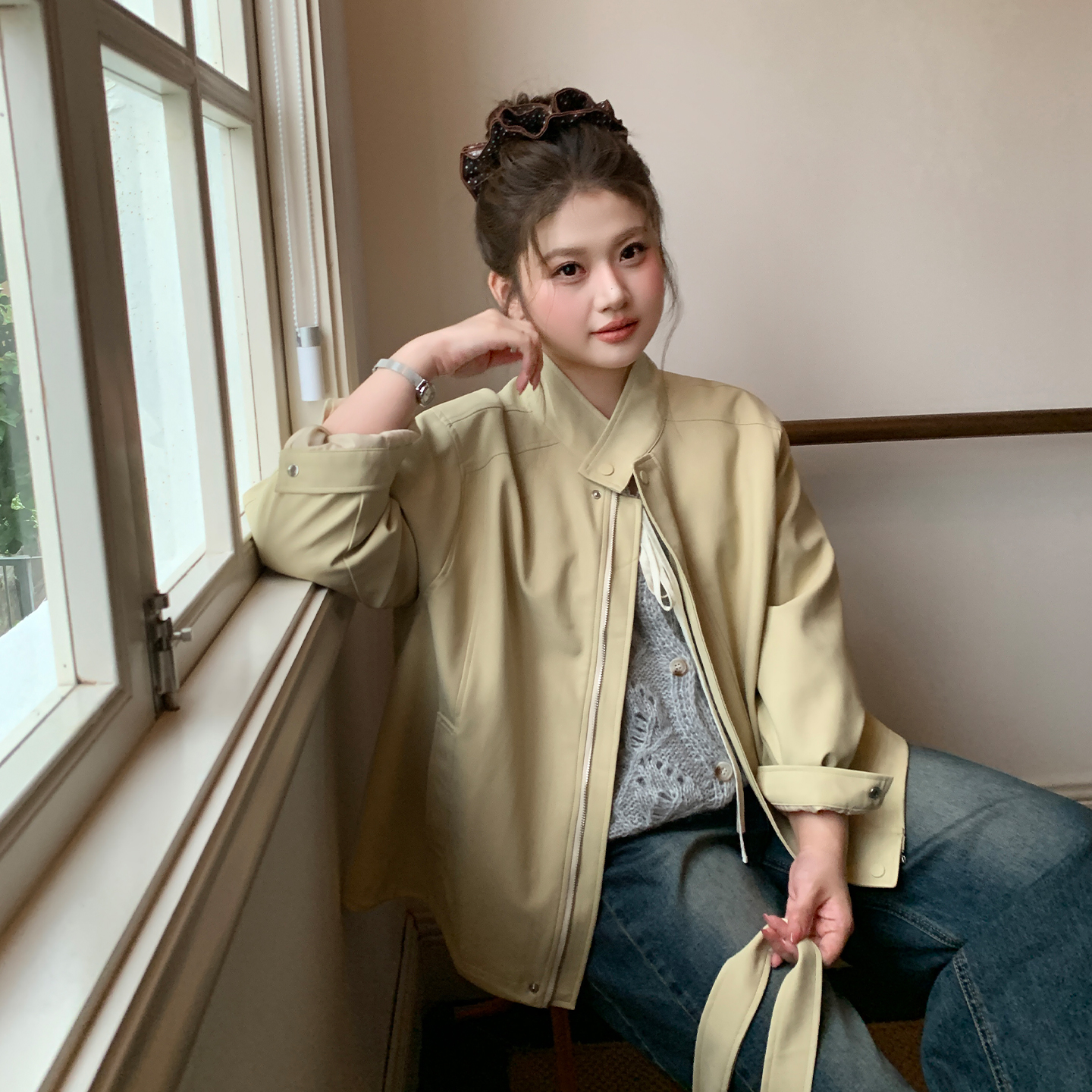 YUZI鱼子短款皮衣外套宽松立领