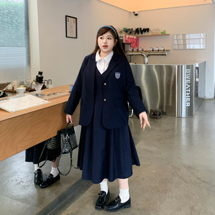 通勤显瘦大码 YUZI鱼子学院风装 套装 西服外套A字裙假两件春季 女装