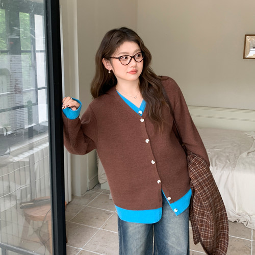 YUZI假两件针织开衫美拉德大码