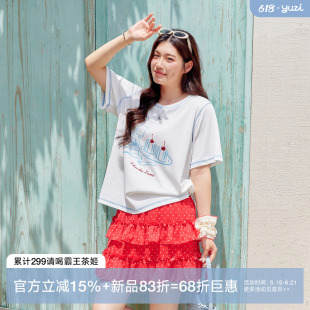 YUZI鱼子甜美印花短袖T恤夏宽松百搭明线正肩设计感上衣大码女装