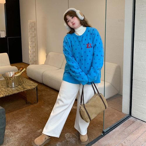 YUZI鱼子蓝色波点针织开衫大码