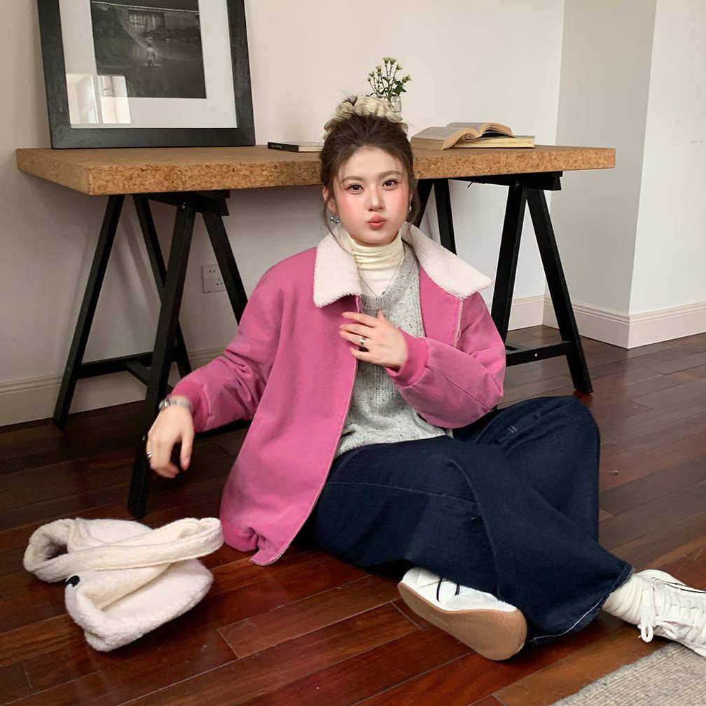 YUZI鱼子加绒加厚玫粉色外套特大码女装复古甜酷宽松毛领秋冬胖mm,女装/女士精品,常规大码外套,淘宝优惠券,粉丝福利购,淘宝优惠卷