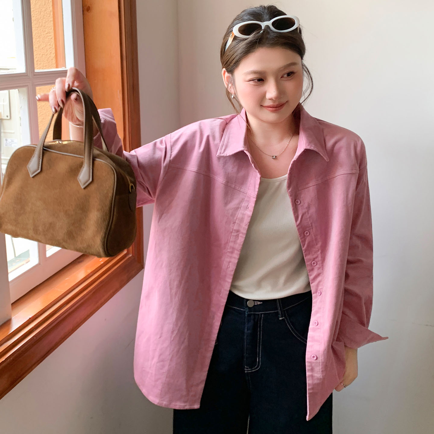 YUZI灯芯绒衬衫特大码粉色甜酷