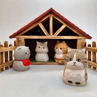 Zakka日本风实木手工雕刻猫喵孤老工艺新玩味除恶招福摆件