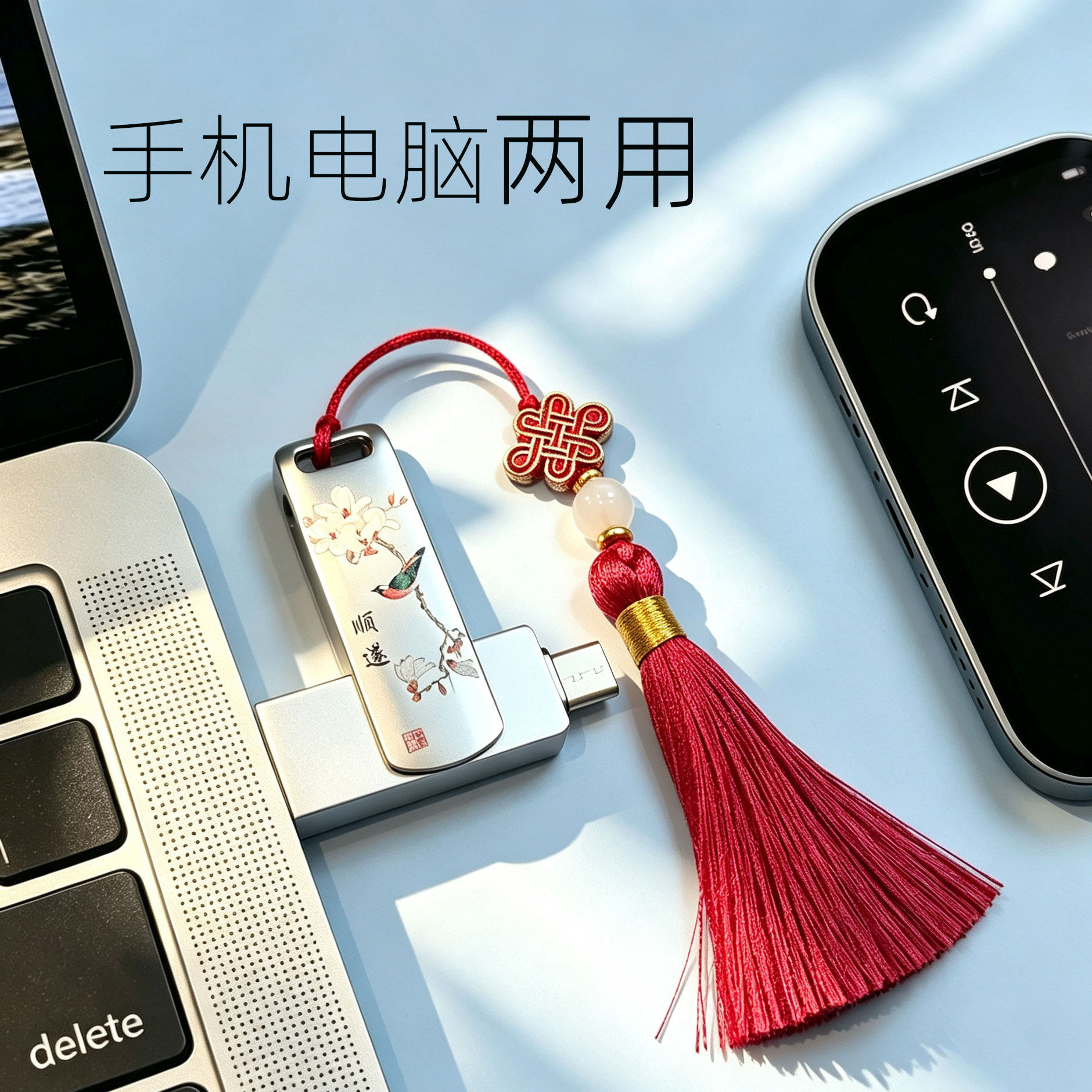 国风顺遂Type-C双头手机电脑两用高速中国结流苏节日礼物可刻字