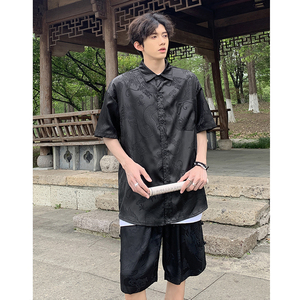 新中式龙纹宽松休闲薄款衬衣短裤套装唐装风套装T11TP65图片