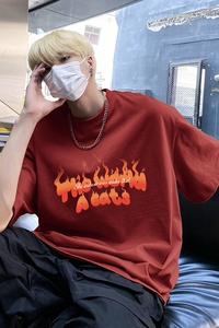 美式vibe圆领纯棉短袖T恤火焰印花宽松休闲打底衫HY573TP20图片