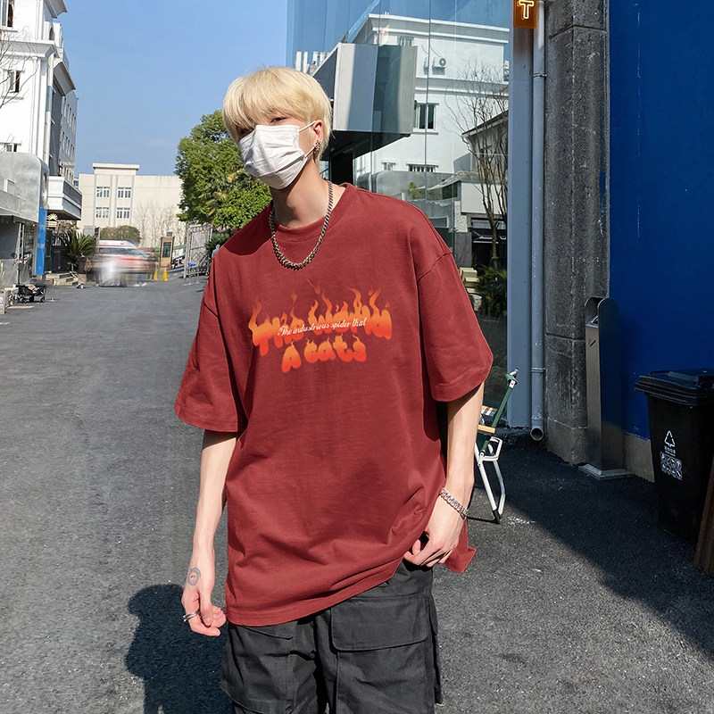 美式圆领纯棉短袖T恤火焰印花宽松休闲打底衫HY573TP20,男装T恤,电商A102B